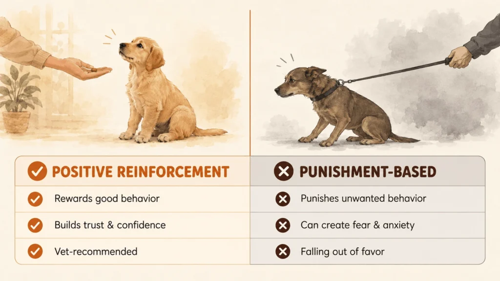 Comparison chart of positive reinforcement training versus punishment-based dog training methods