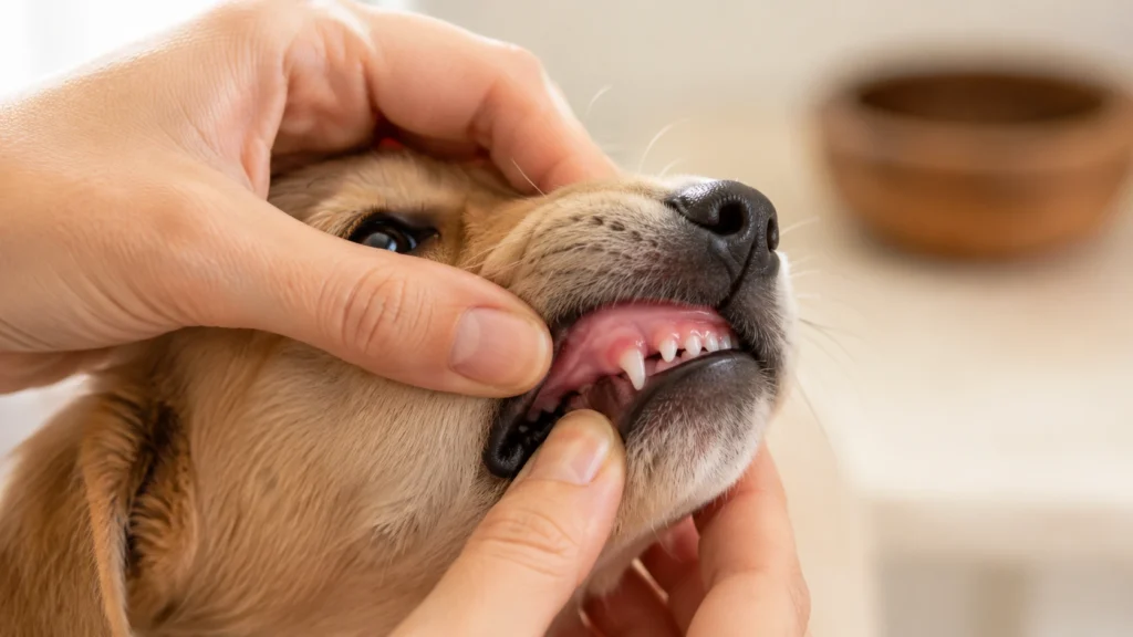 Checking a puppy's gum color to spot signs of illness