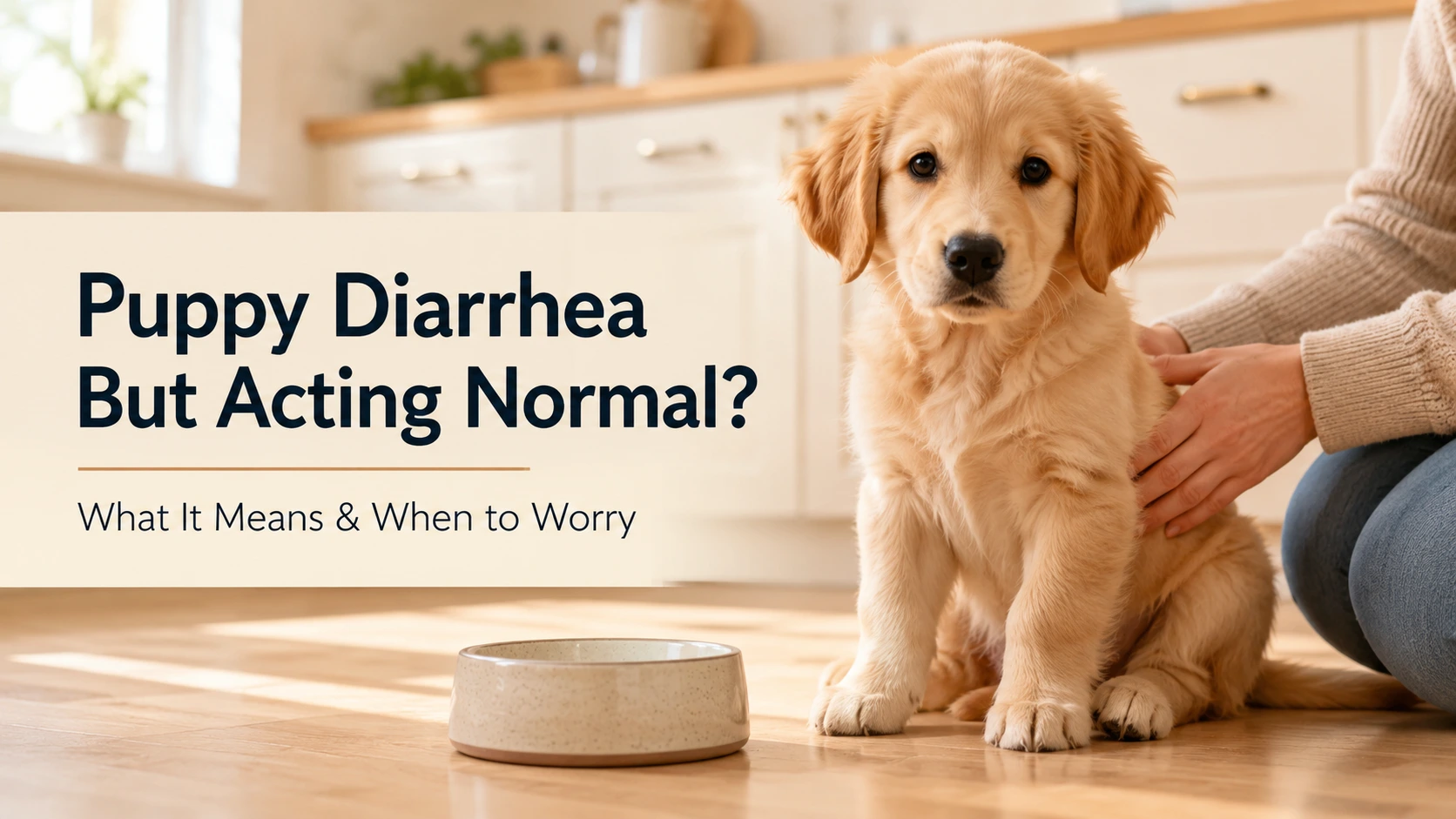 Healthy Golden Retriever puppy sitting calmly in a kitchen while an owner checks on it, illustrating puppy diarrhea but acting normal.