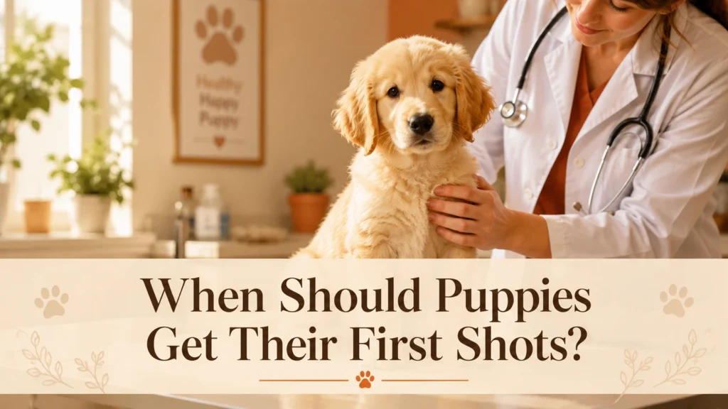 When Should Puppies Get Their First Shots Puppy getting first vaccination shots at the veterinarian
