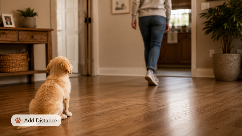 SEO Alt Text: Puppy holding a stay position while owner steps back during training