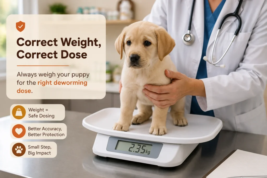 Puppy being weighed at the vet to determine the correct deworming dose
