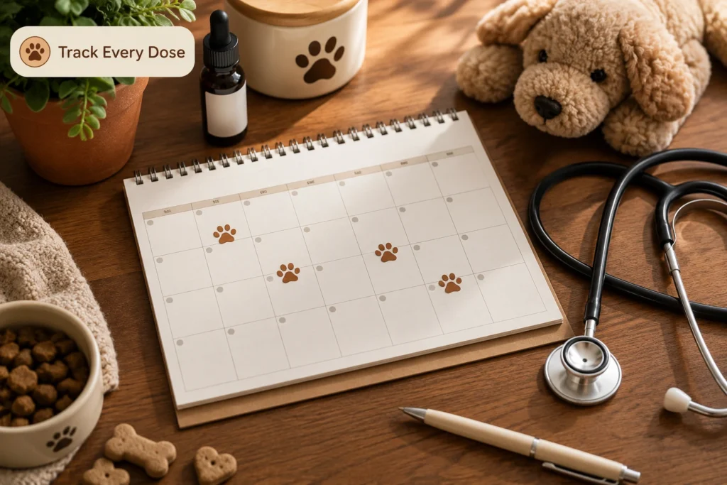 Calendar and planner used to track a puppy's deworming schedule by age