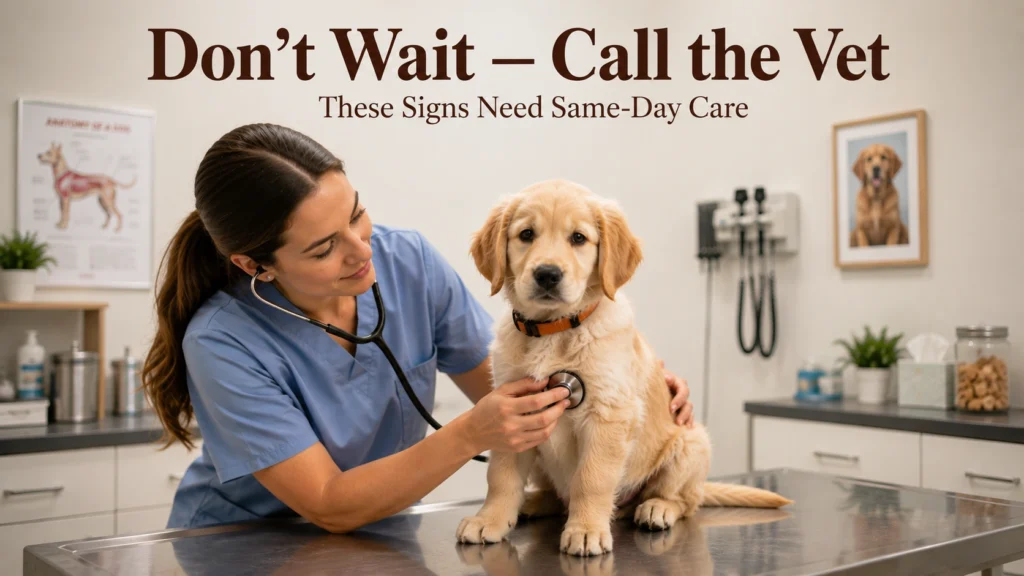 Veterinarian examining a puppy showing signs of illness