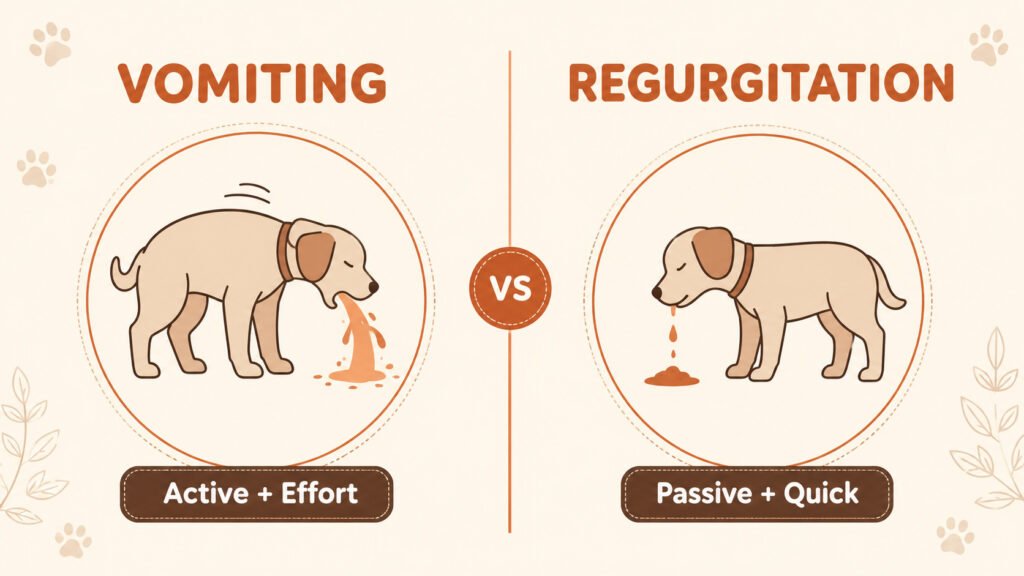 Visual comparison chart of vomiting versus regurgitation symptoms in puppies