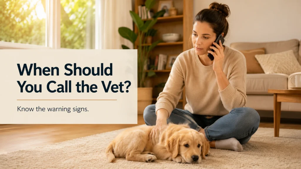 Pet owner calling a veterinarian while a puppy rests nearby after developing diarrhea symptoms.