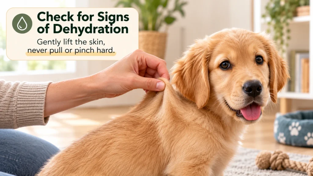 Owner gently checking a puppy for signs of dehydration by lifting the loose skin at the back of its neck.