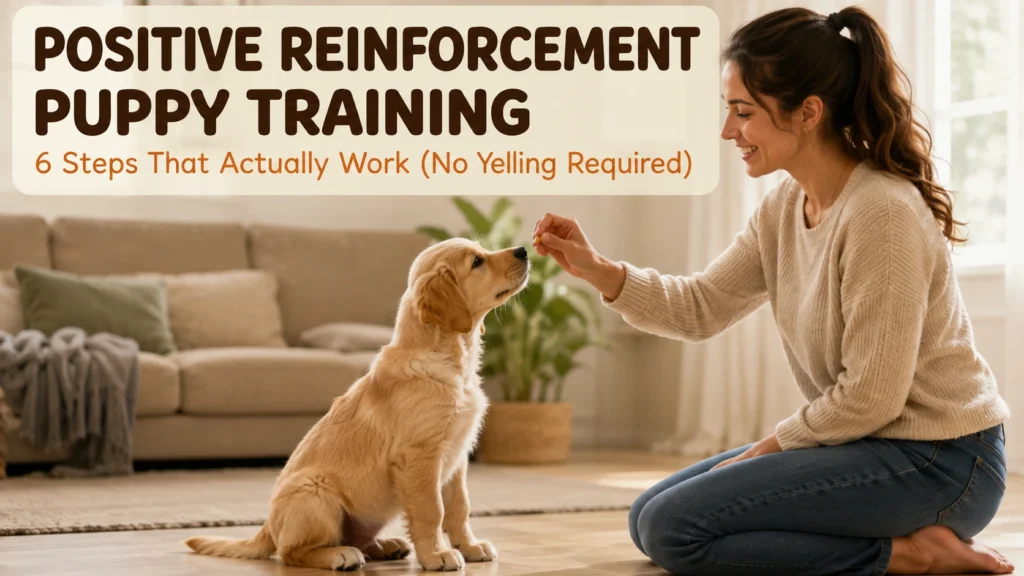 positive reinforcement puppy training ,Owner rewarding puppy with treat during positive reinforcement puppy training session