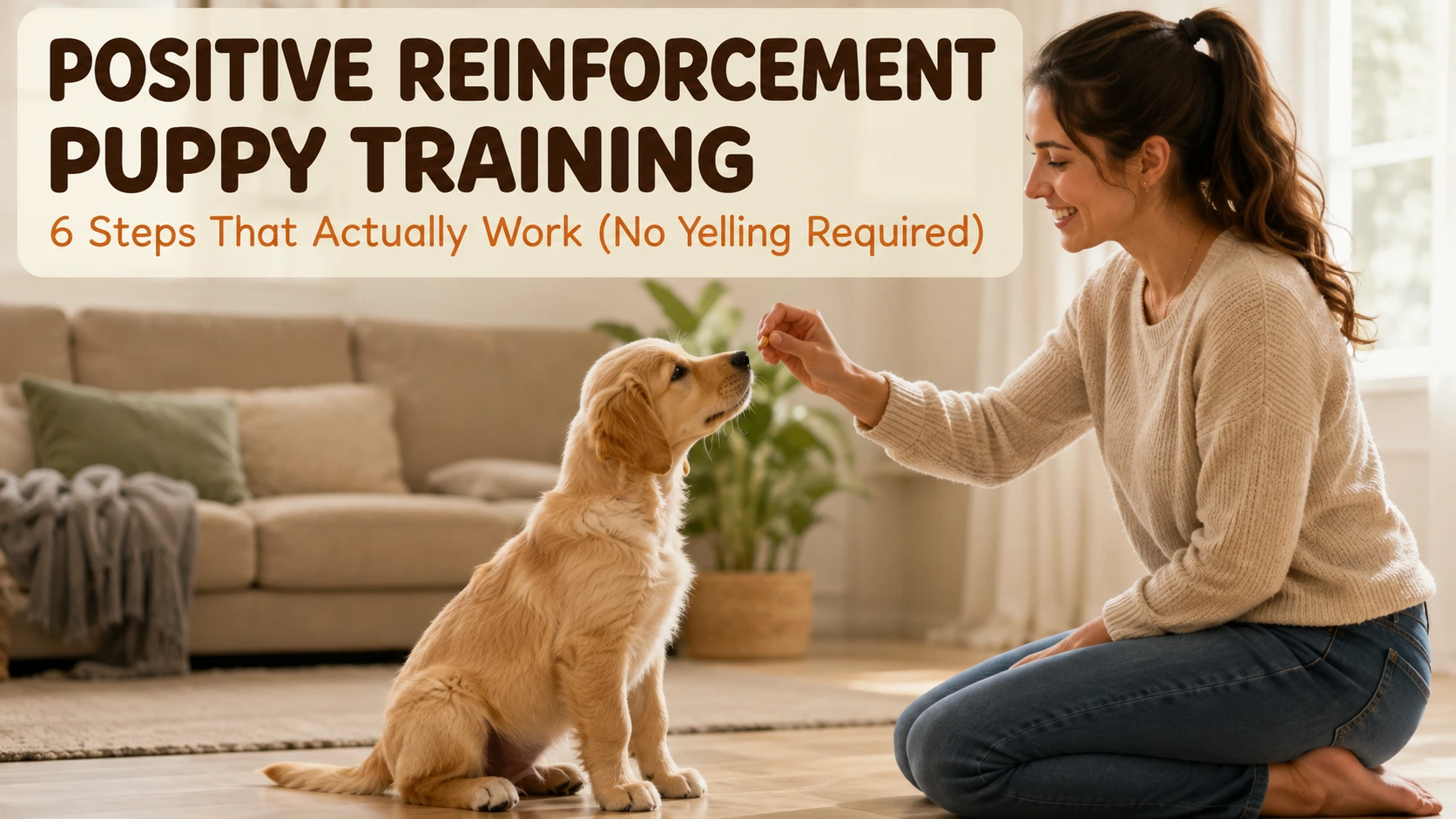 positive reinforcement puppy training ,Owner rewarding puppy with treat during positive reinforcement puppy training session