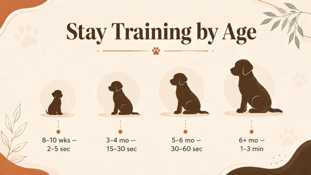 Puppy stay training timeline showing expected duration by age