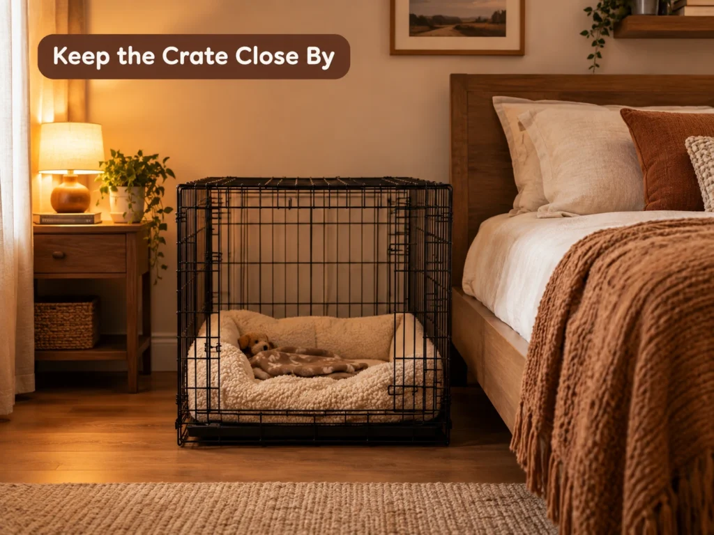 Ideal crate placement in the bedroom for a puppy's first night
