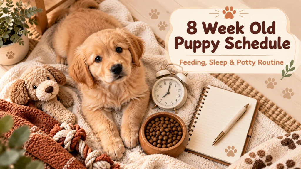 8 week old puppy schedule showing a golden retriever puppy resting next to a clock and notebook