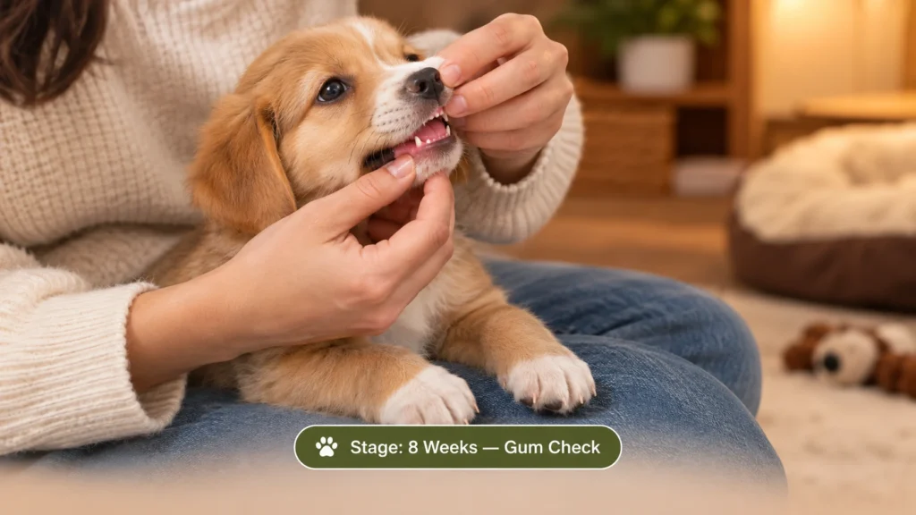 Owner gently checking puppy gums during the teething timeline