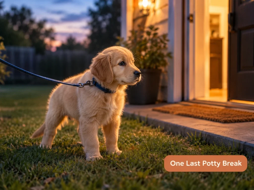 Puppy taking a final potty break before bedtime on their first night home