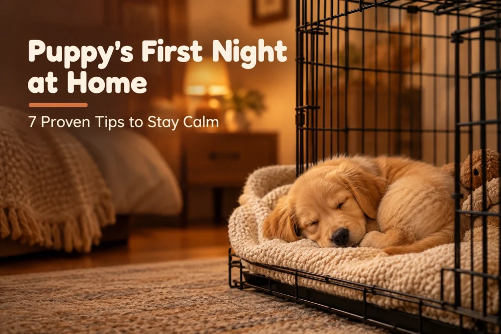 Puppy sleeping peacefully in a crate during their first night at home: Puppy First Night at Home