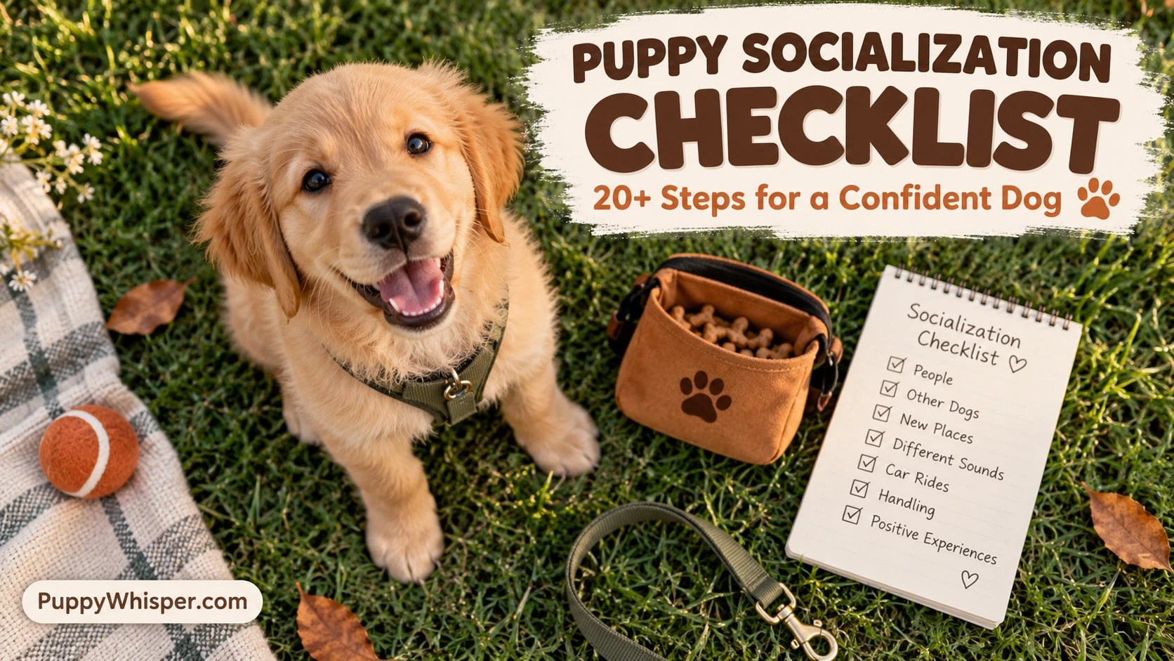Puppy socialization checklist with golden retriever puppy sitting outdoors on grass"