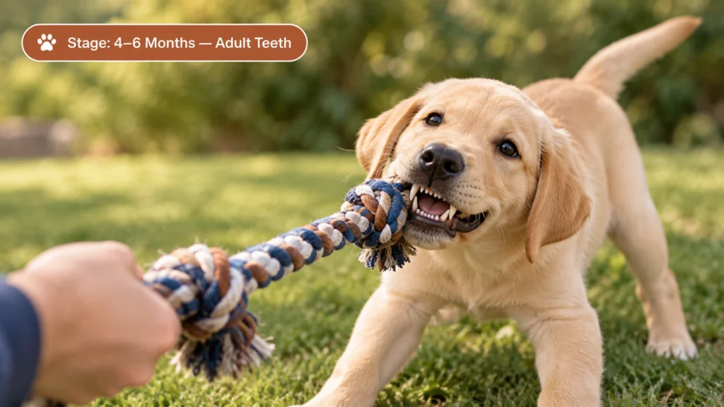 Older puppy with adult teeth playing during the later teething stage