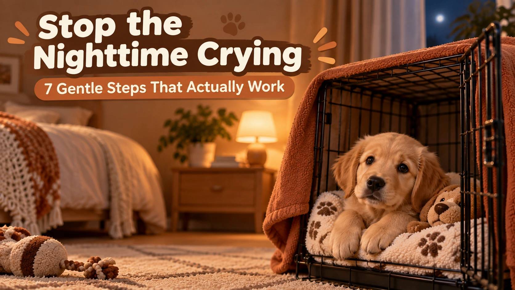 How to Stop a Puppy Crying at Night: Puppy peeking out of crate at night after learning to stop crying at bedtime