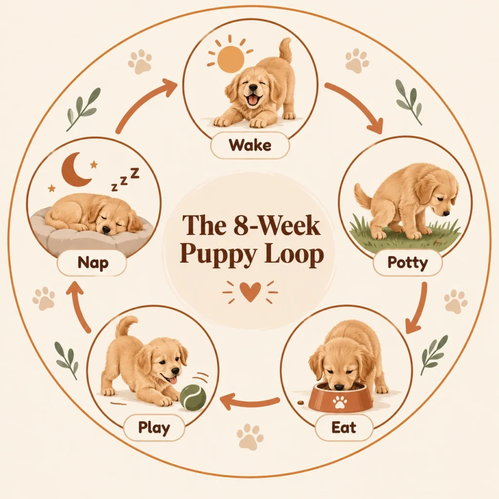Daily routine loop diagram for an 8 week old puppy schedule showing wake, potty, eat, play, and nap cycle