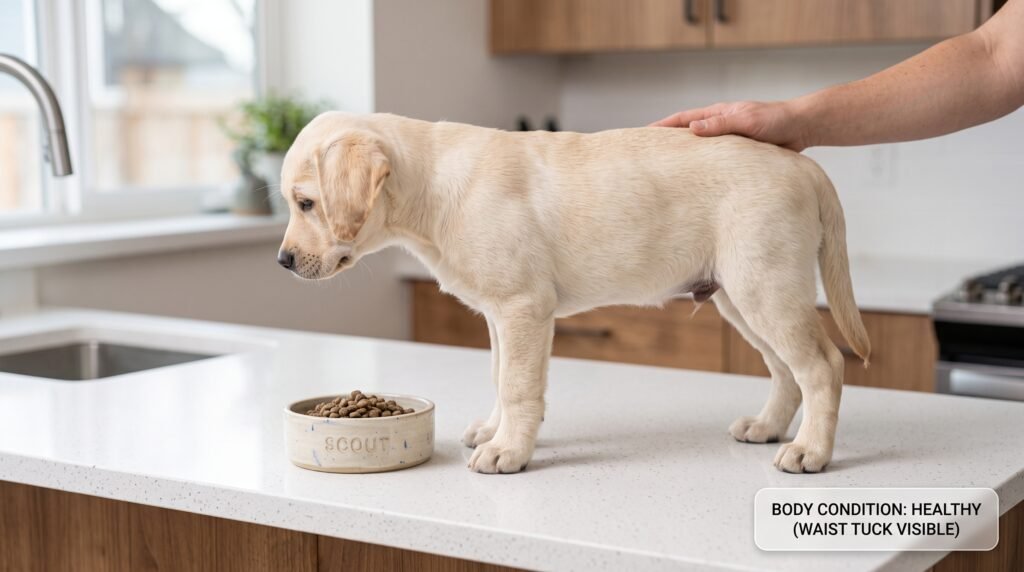Healthy puppy body condition next to feeding bowl