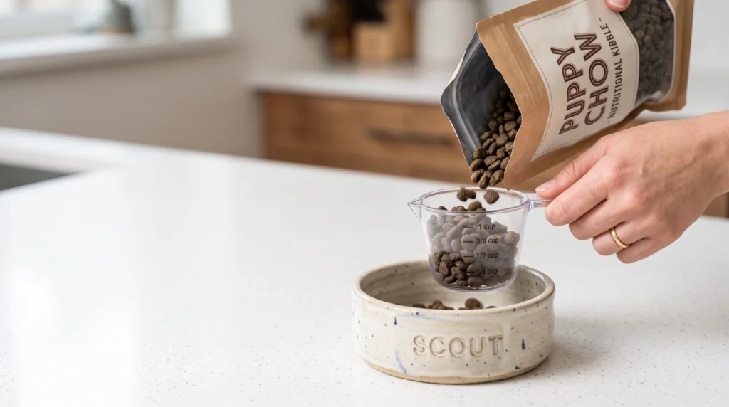 Measuring puppy kibble portions with a measuring cup