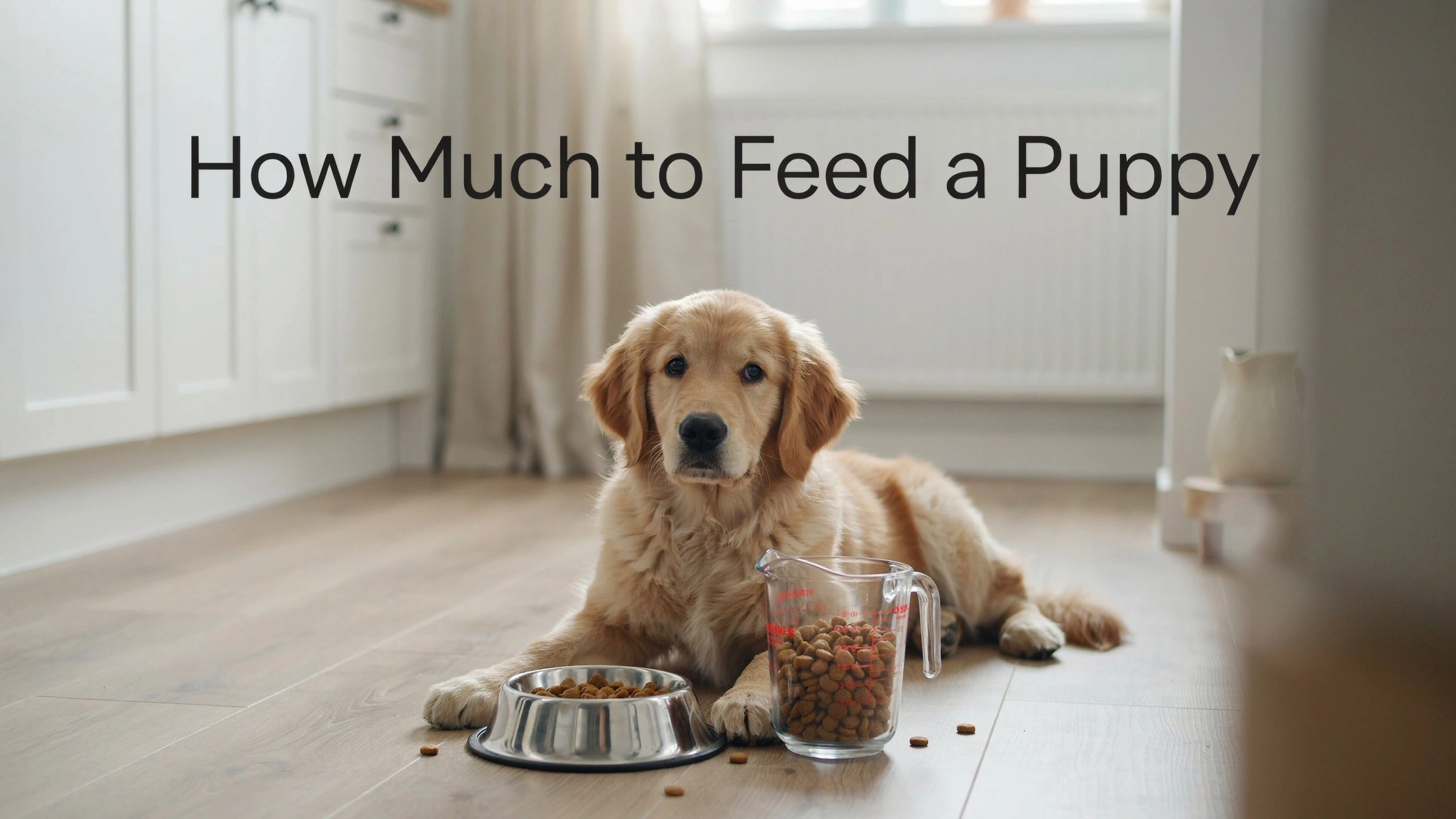 Puppy sitting beside measuring cup showing how much to feed a puppy