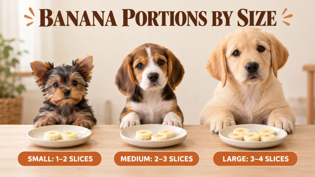 Banana slice portions for small, medium, and large puppies shown on three plates