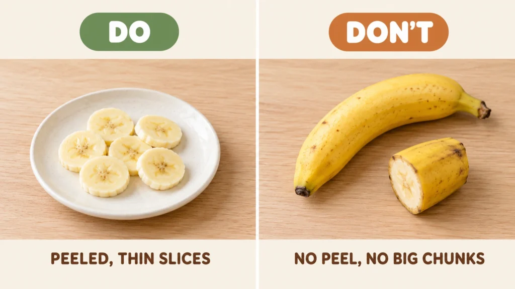 Comparison of safe peeled banana slices for puppies versus unsafe banana peel and large chunks