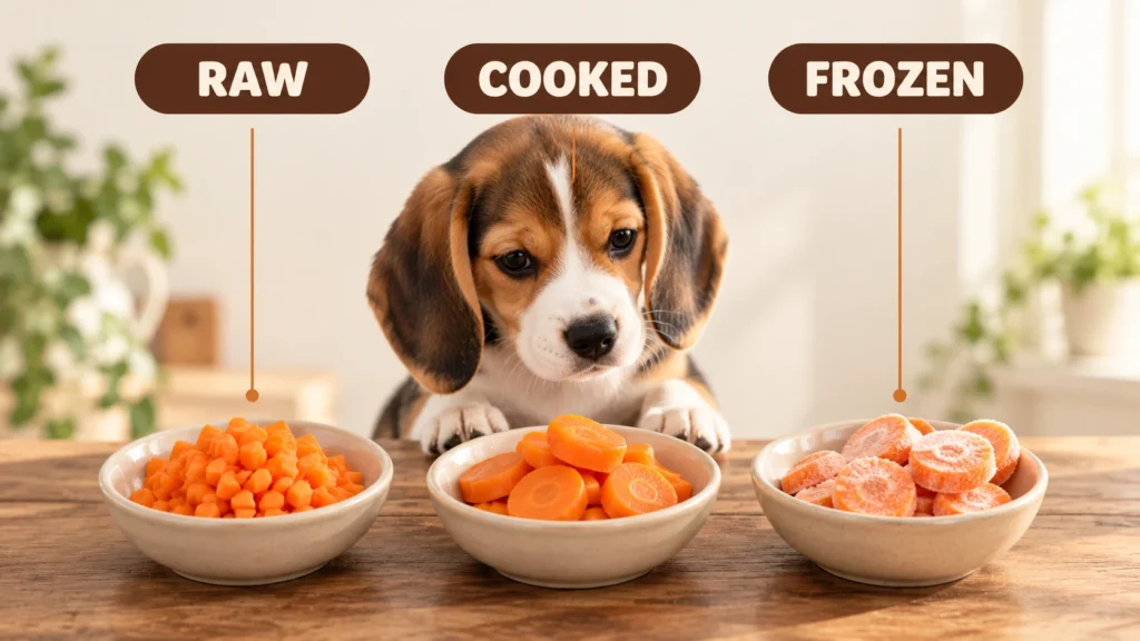 Three dishes of raw, steamed, and frozen carrots in front of a beagle puppy, comparing safe ways to serve carrots