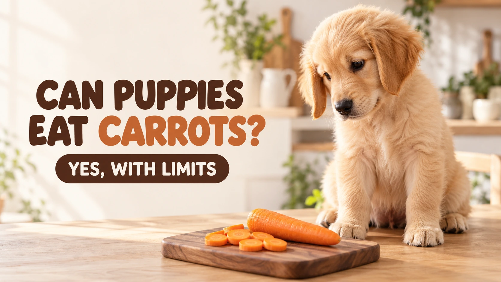 Golden retriever puppy looking at sliced carrots on a wooden board, answering can puppies eat carrots