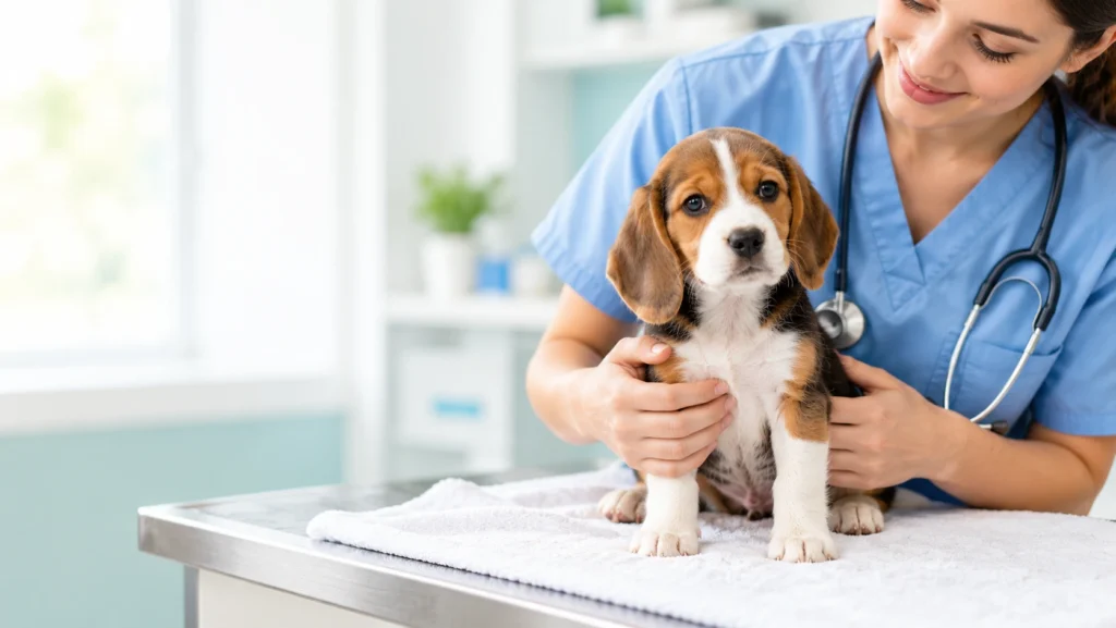 Veterinarian gently examining a beagle puppy with diarrhea on an exam table