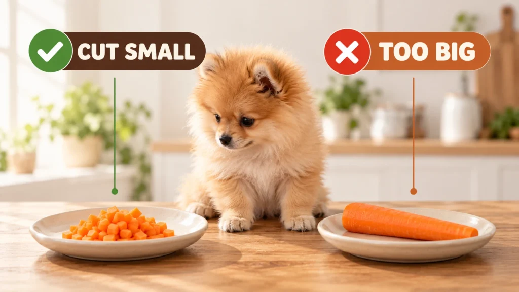 Pomeranian puppy between small diced carrot pieces and a large carrot stick, showing safe carrot size for puppies