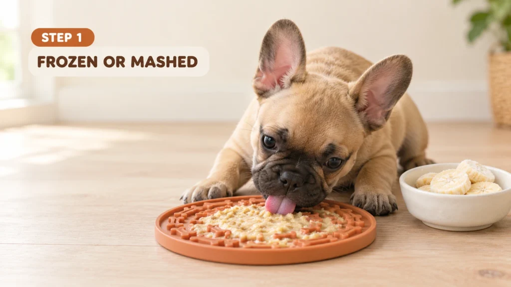 French Bulldog puppy licking mashed banana from a lick mat with frozen banana slices nearby