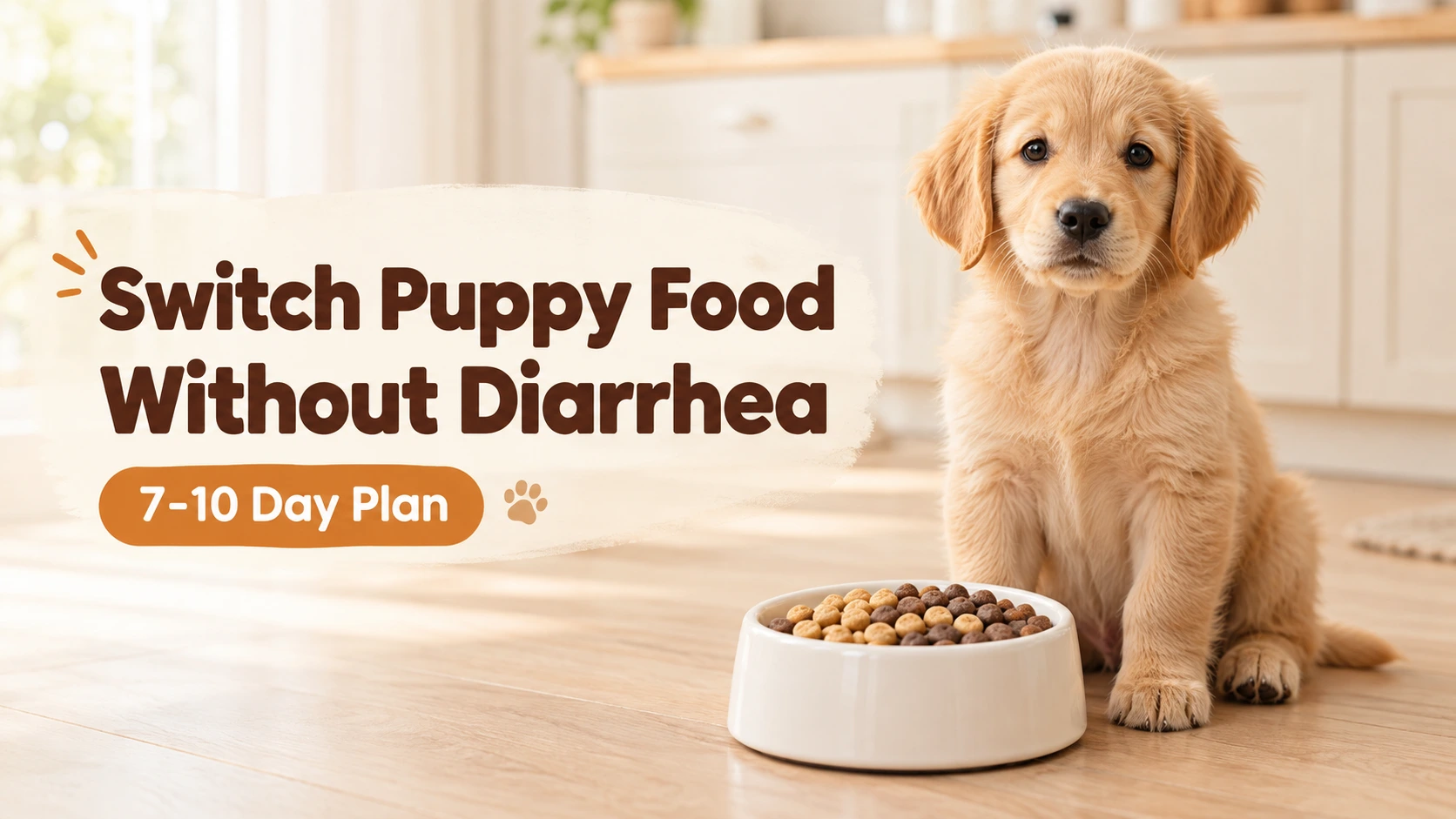 How to Switch Puppy Food Without Diarrhea? Golden retriever puppy beside a bowl of mixed kibble during a gradual puppy food switch