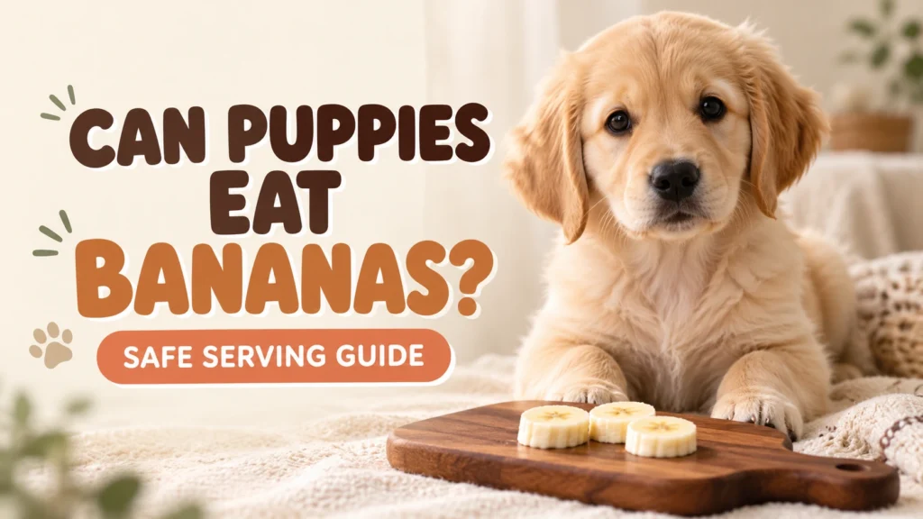Golden retriever puppy sitting behind sliced banana, showing whether can puppies eat bananas