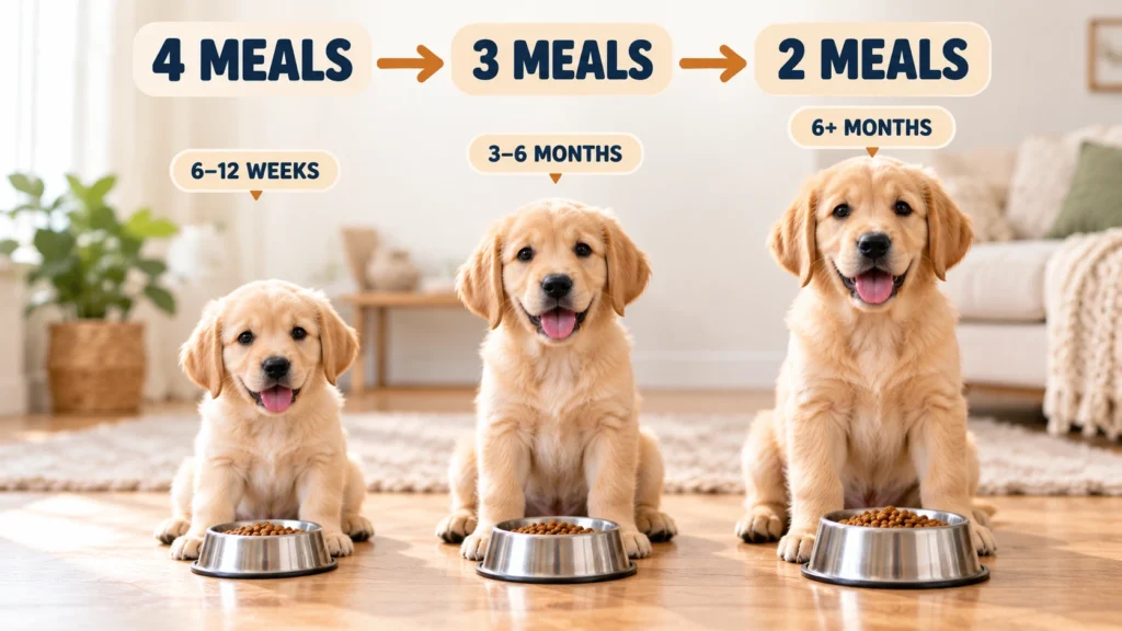 Three Labrador puppies at 8 weeks, 4 months, and 8 months showing how puppy meals per day decrease with age