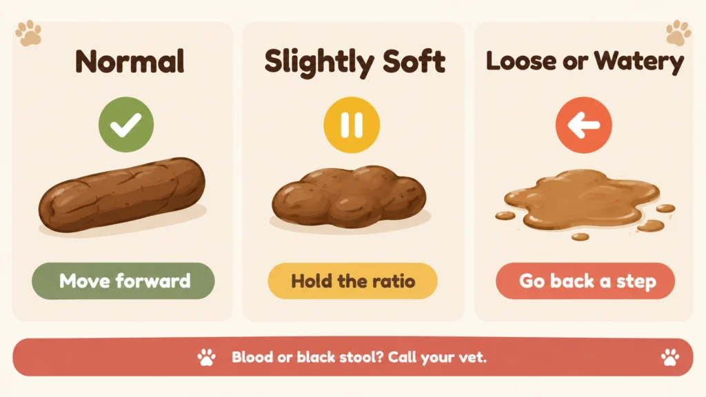 Simple illustrated guide showing normal, soft, and loose puppy stool and what to do at each stage