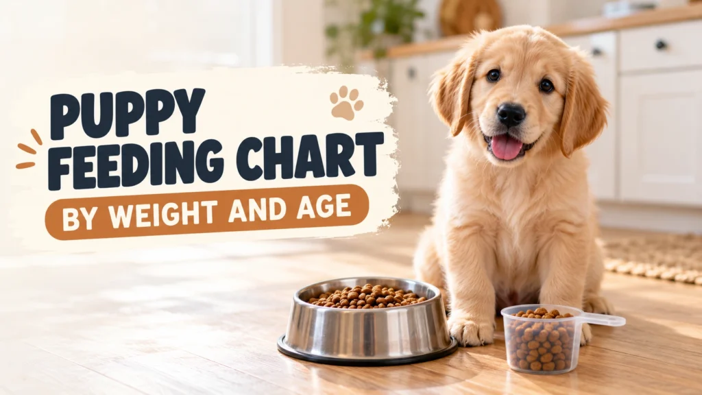 Golden retriever puppy sitting beside a bowl of kibble and measuring cup for a puppy feeding chart by weight and age
