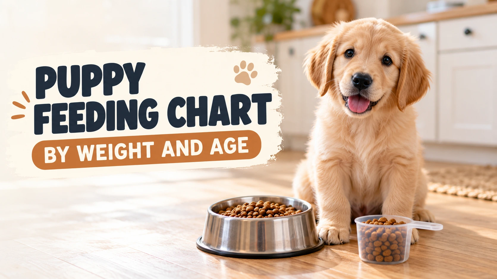 Golden retriever puppy sitting beside a bowl of kibble and measuring cup for a puppy feeding chart by weight and age