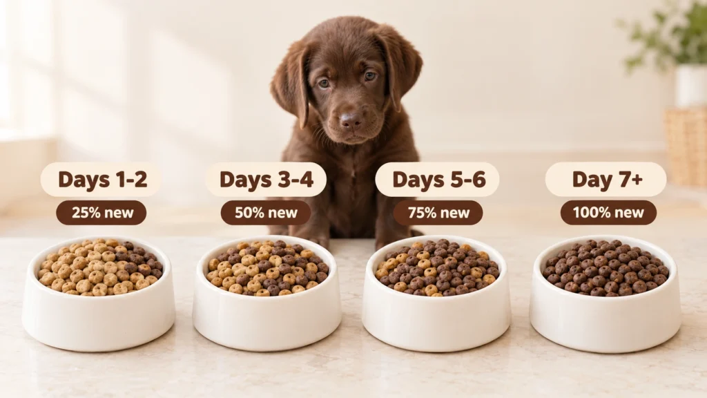 Four bowls showing the puppy food transition from 25% to 100% new food over 7 days