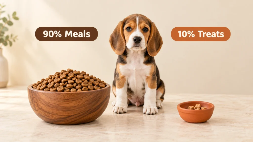 Large bowl of puppy kibble beside a small dish of treats showing the 10% rule for puppy treats. How Many Treats Can a Puppy Have a Day