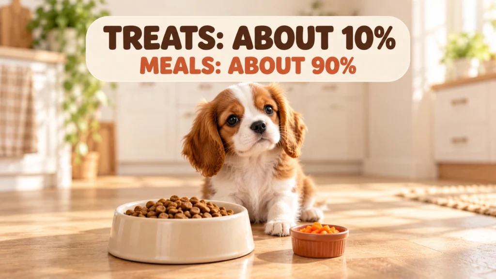 Cavalier King Charles Spaniel puppy beside a full kibble bowl and a small dish of carrot pieces showing the 10% treat rule