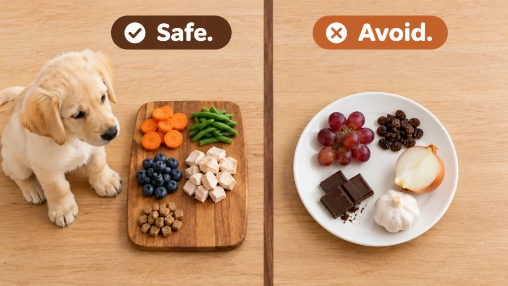 Safe puppy treats like carrot and blueberries next to toxic foods like grapes, chocolate, and onion to avoid