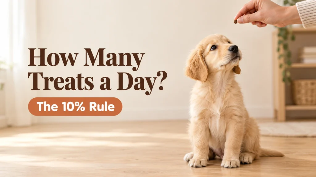 Golden retriever puppy sitting for one small treat, showing How Many Treats Can a Puppy Have a Day