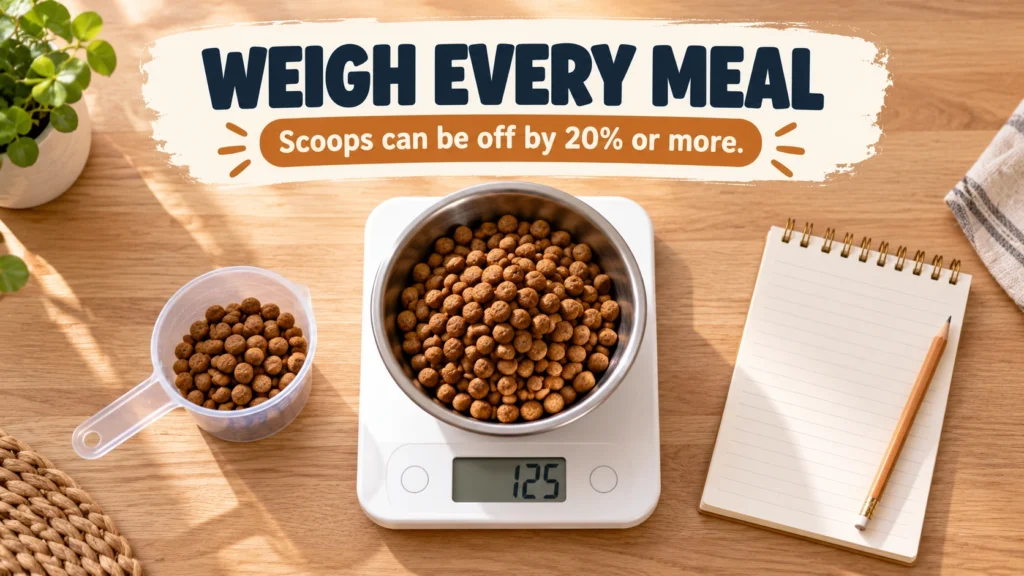 Kitchen scale with a bowl of puppy kibble beside a measuring cup for accurate puppy food portions